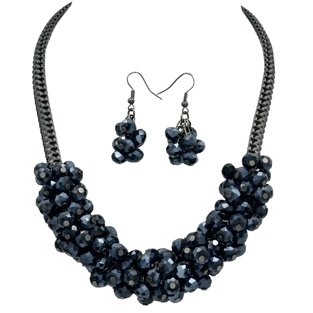 Dark Grey Glass Bead Cluster Gun Metal Statement Necklace Earrings Set